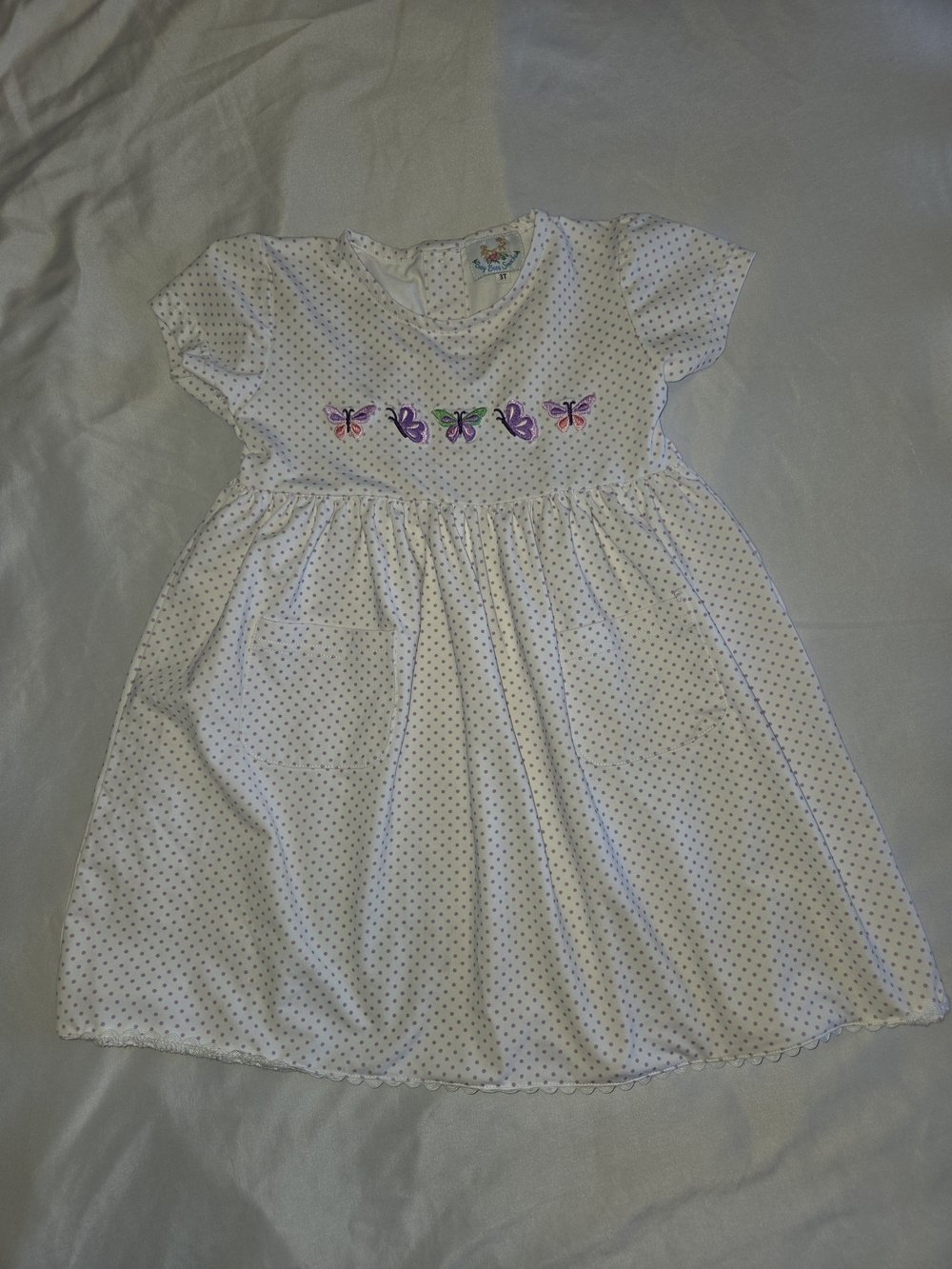 White Polka Dot Girls' Dress with Embroidered Butterflies